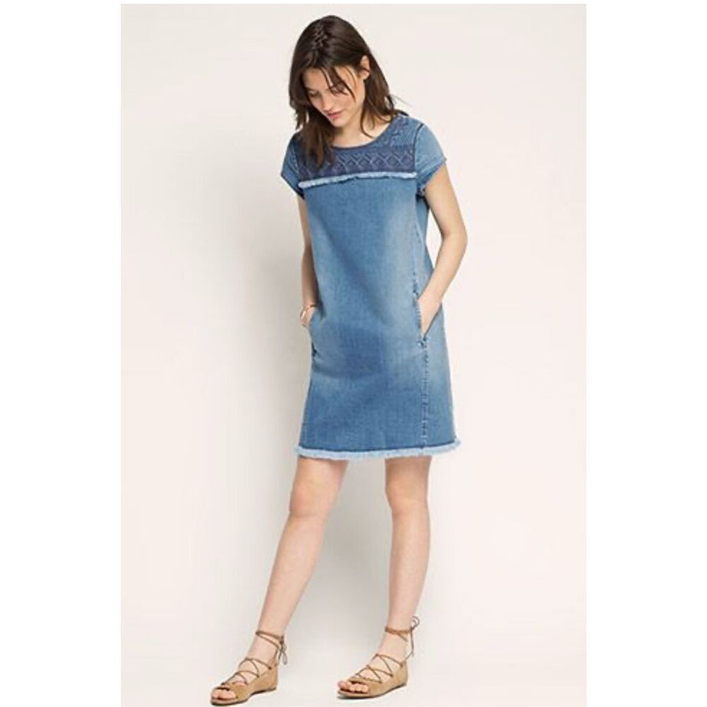 Esprit Women Blue Solid Denim A-Line Dress Size S
